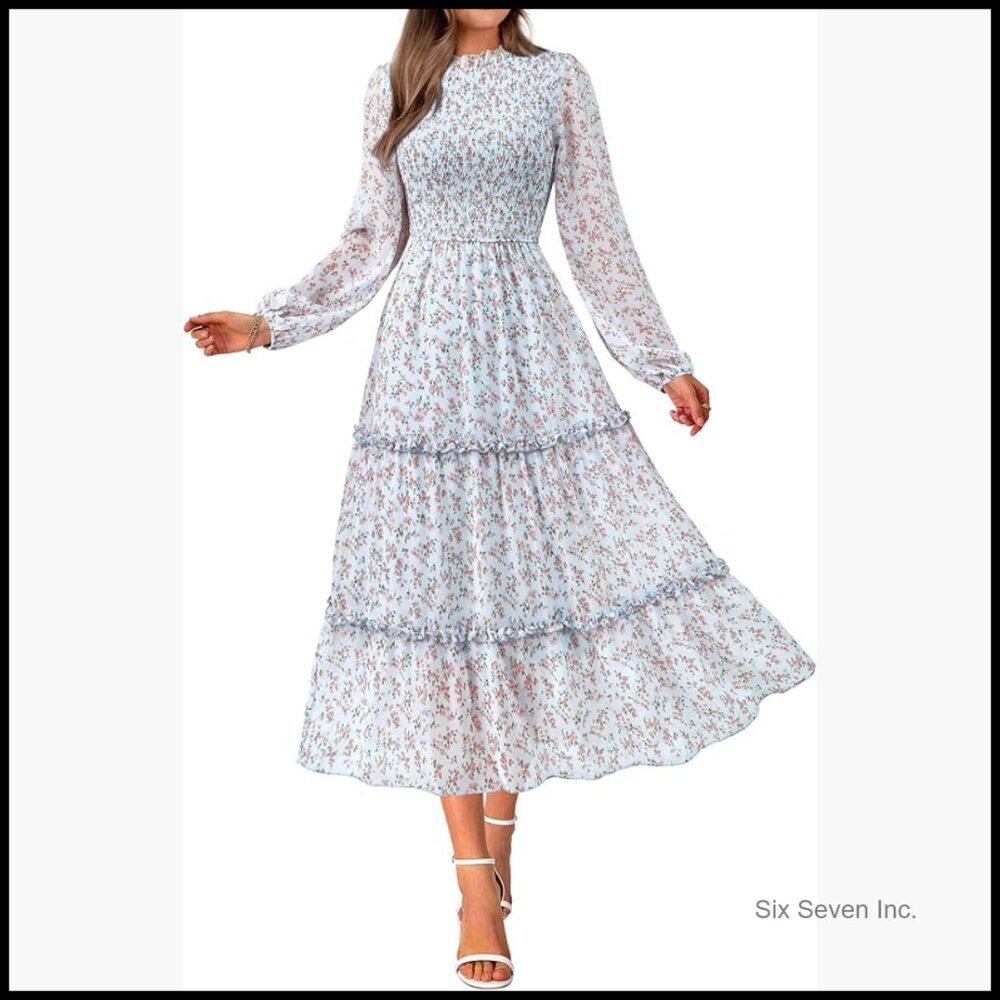 Floral Boho Maxi Dress Long Sleeve Crew Neck Ruffle A-Line